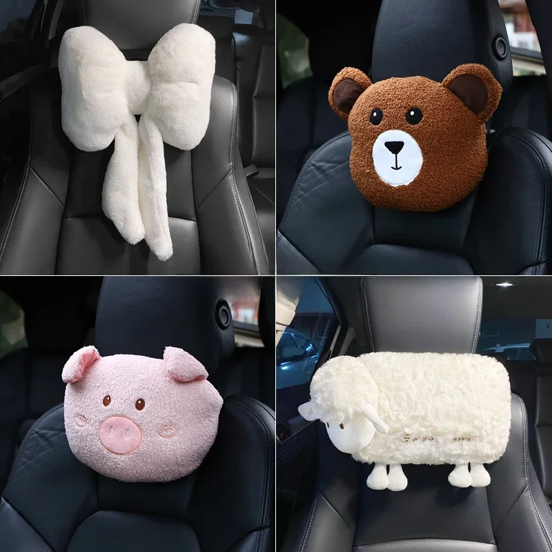 Plüsch Bowknot Auto Kopfstütze Cartoon Tier Schaf Anime Bär Schwein Hals schutz kreative Krabbe Auto