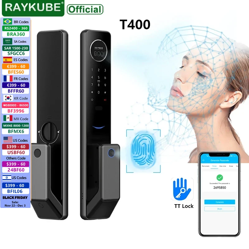 NEW RAYKUBE T400 Full-auto Advanced TT Lock 3D Face Recognition Smart Door Lock Digital Fingerprint Electronic Door Lock