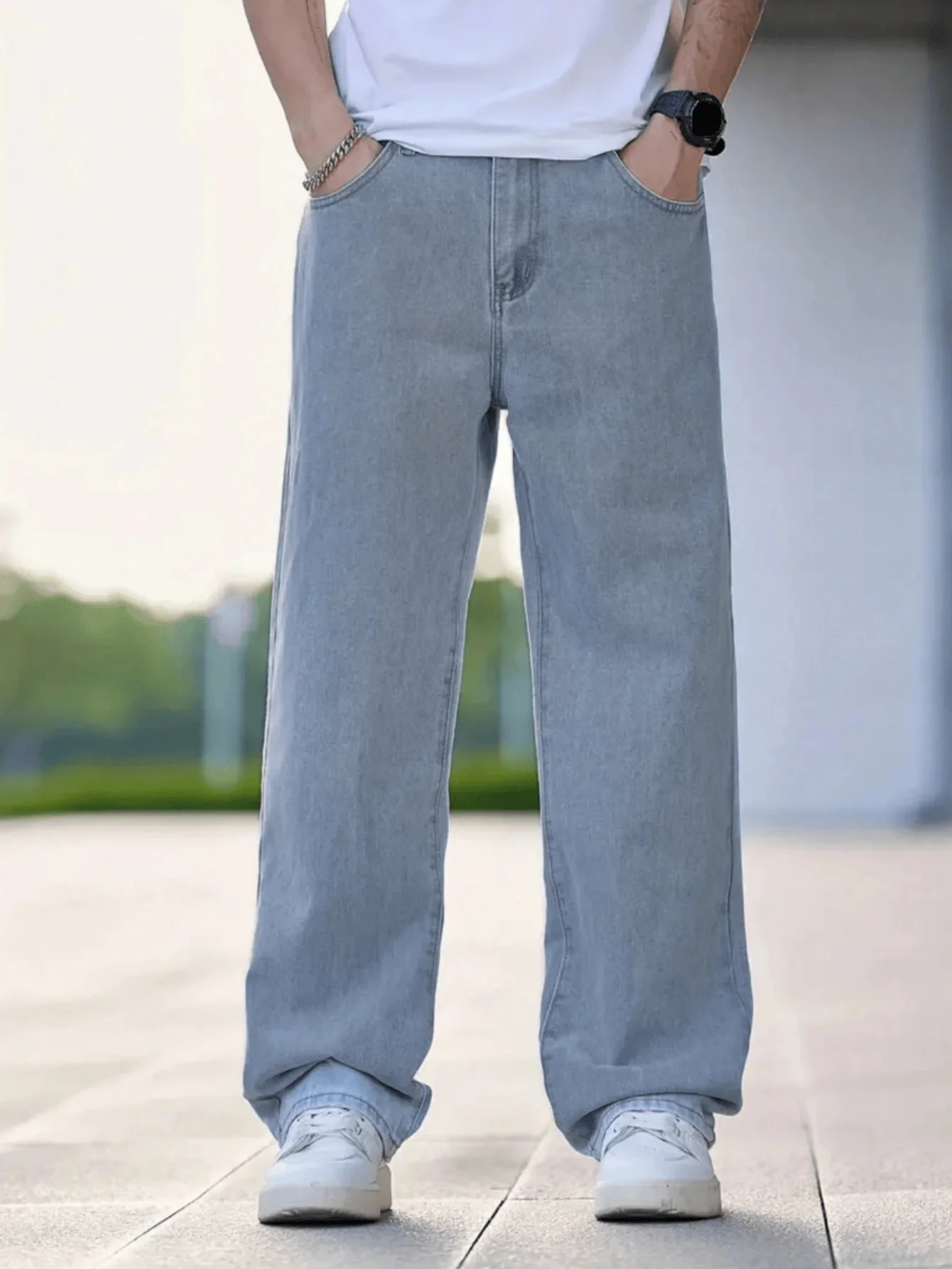 

Мужские вместительные прямые джинсы, синяя стирка среднего размера, дышащая мужская одежда от офисного повседневного использования на выходные