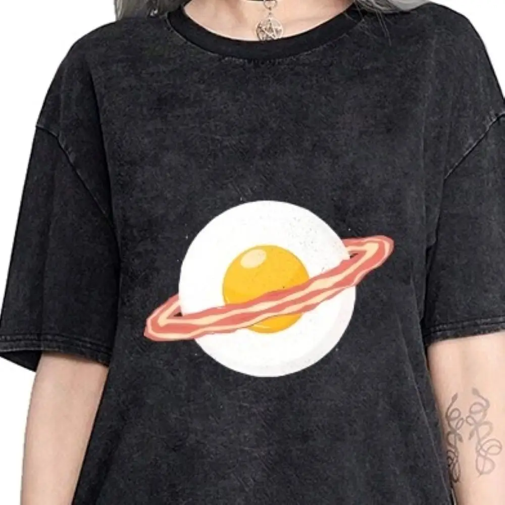 

Egg Bacon Planet T Shirt Whimsical Food Print Summer Casual Loose Short Sleeved Relaxing Unique Stylish Fashionable Cloth Tops