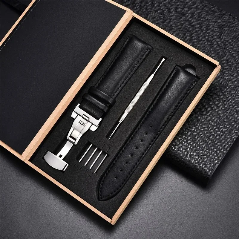 Echtes Lederarmband 18 mm 20 22 24 mm Uhrenarmband Automatische Schmetterlingsschnalle Herren- und Damen-Business-Armbanduhr mit Box-Handgelenkgürtel