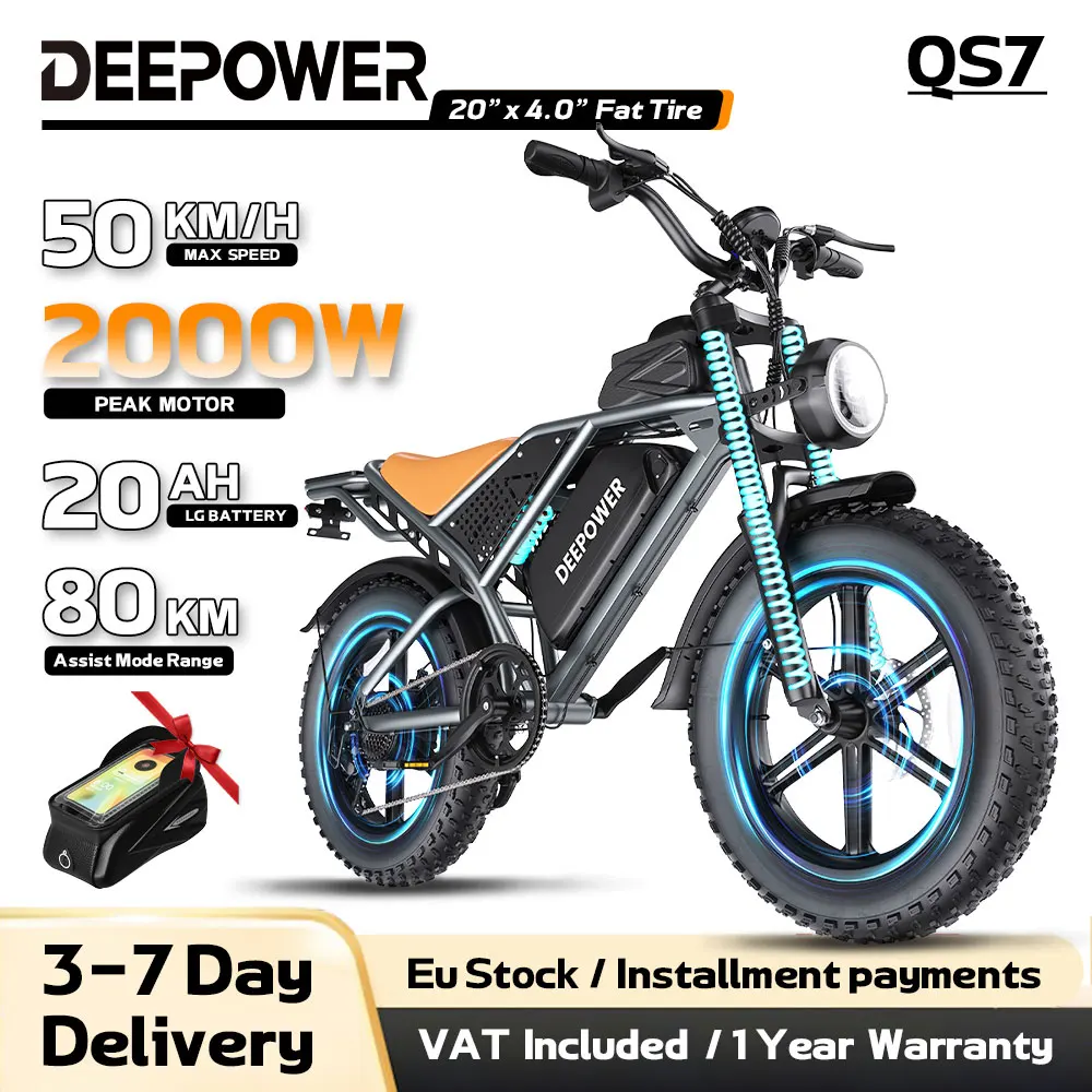 Vélo électrique DEEPOWER QS7 2000W, pneus larges 20×4 pouces, batterie amovible 48V20Ah, 7 vitesses, freins à disque doubles, vélo électrique pour adultes