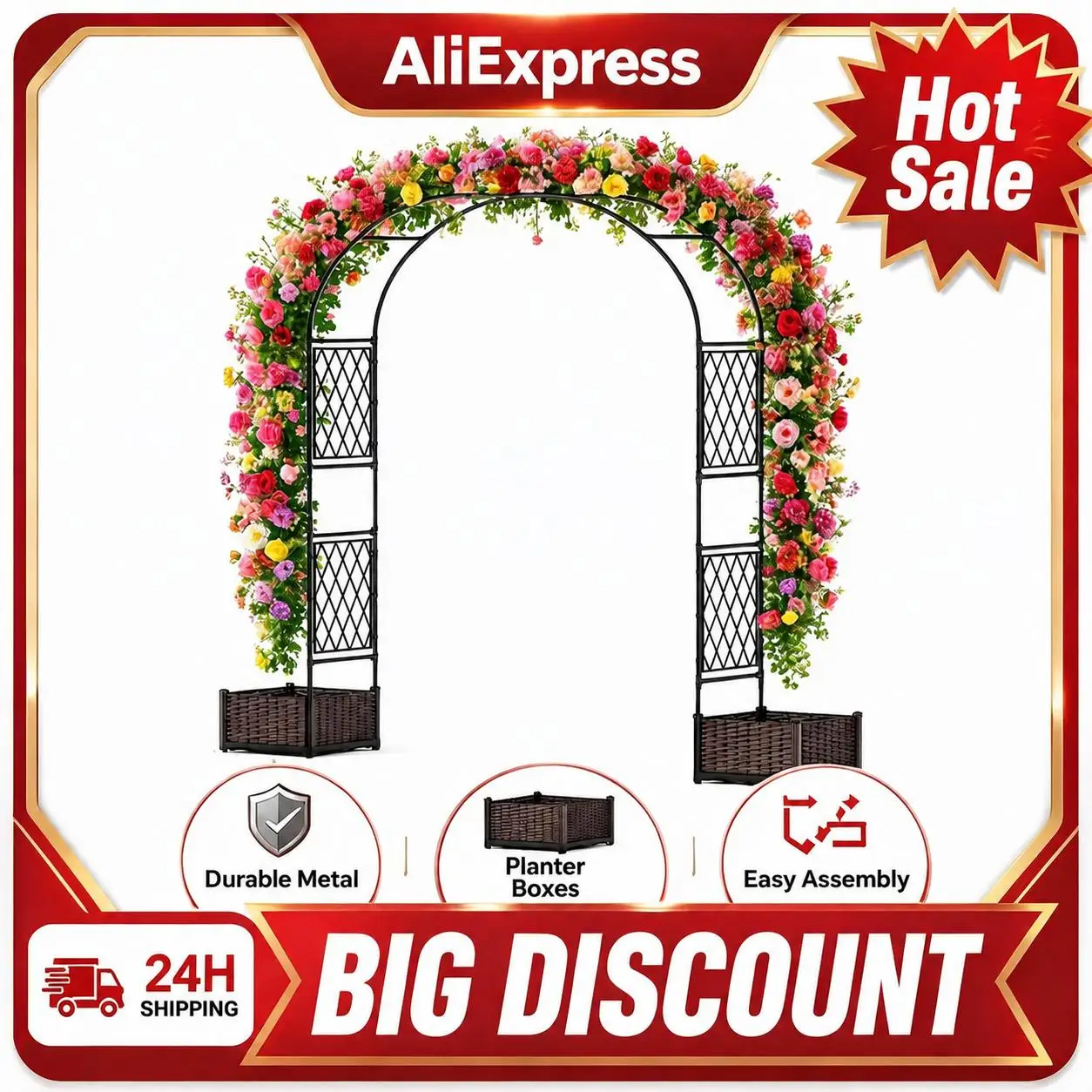 Arco da giardino in metallo resistente all'acqua con cassette per piante – Robusta struttura per piante rampicanti – Pergola decorativa per matrimoni, terrazze e giardini – Versatile