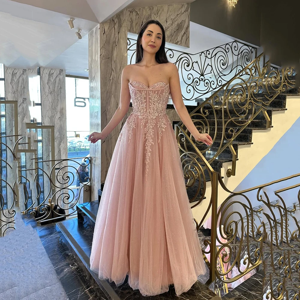 

Msikoods Customized Blush Pink Tulle Prom Dress Sweetheart Lace Applique Corset Evening Gown Glitter Formal Occasion Dress