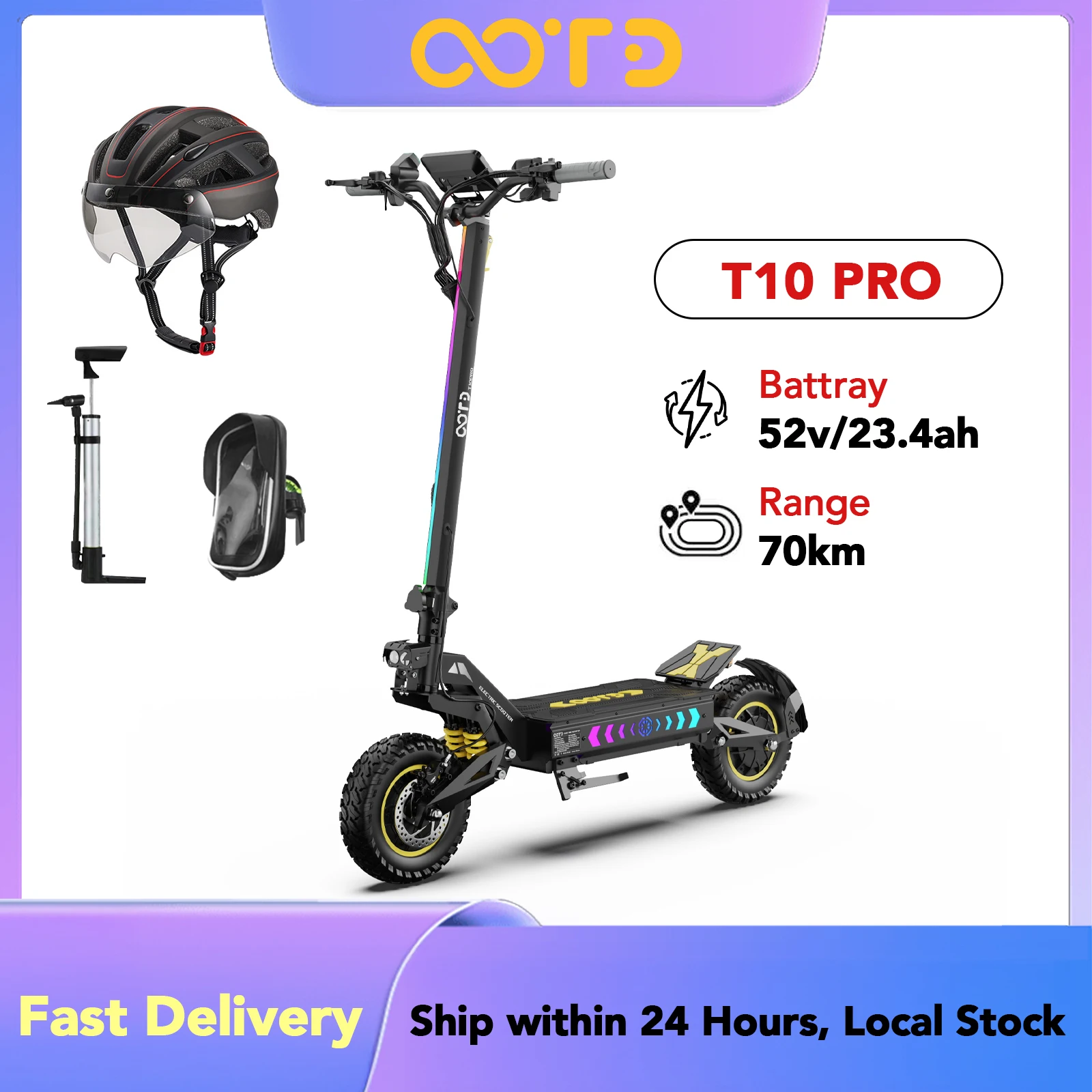 Trottinette électrique OOTD T10 PRO pour adultes, 1300W*2, double moteur, 52V23.4AH, vitesse 65KM/h, autonomie 70KM, 11'' tout-terrain, sac à dos offert