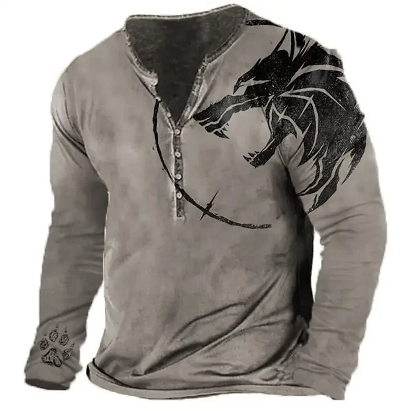 Tier T-Shirt für Männer Grafik T-Shirts Baumwolle 3D-Druck Henley Shirt Langarm V-Ausschnitt