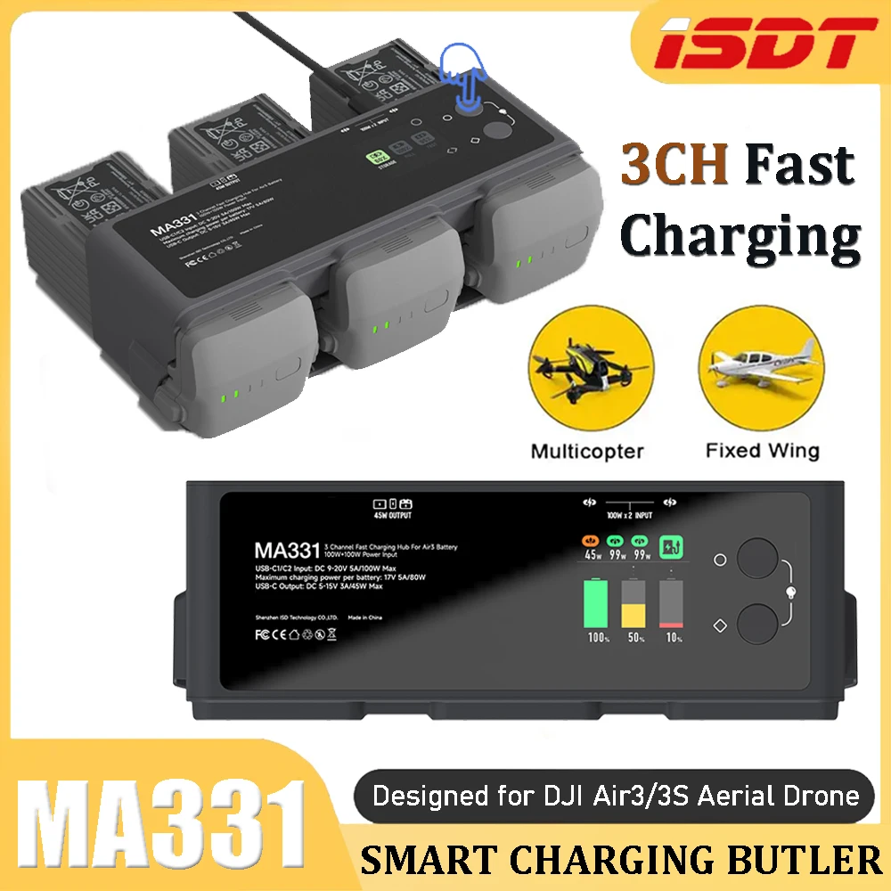 

ISDT MA331 Smart Battery Charger 200W 2×100W USB-C Input Support APP Control/OTA Upgrades Designed for DJl Air3 Aerial FPV Drone