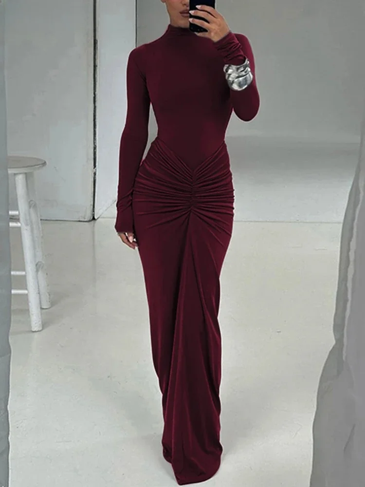 Weird Puss Hipster Ruched Dress Women o-NeckFull Sleeve Skinny Stretch Robe Autumn Trend Simple Classic Pleats Long Bodycon — zdjęcie 2