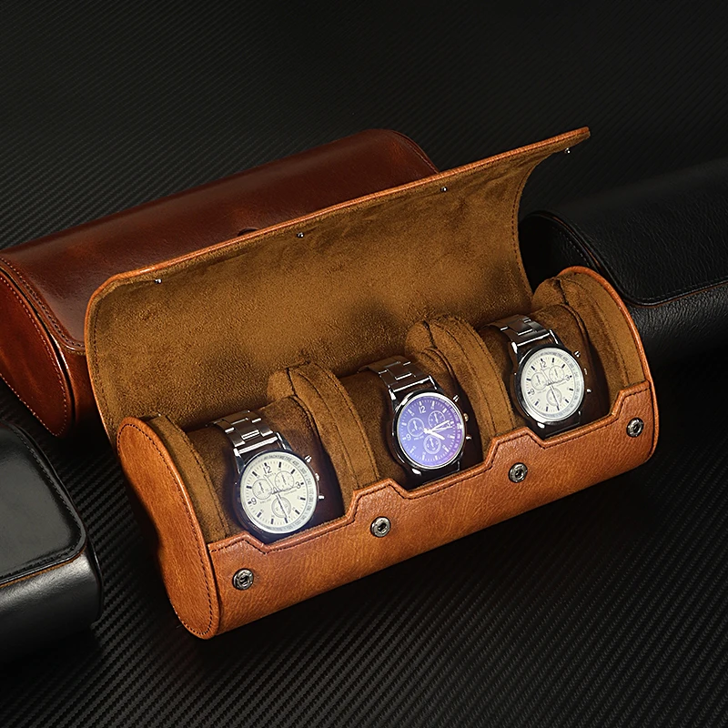 3 Slots Roll Travel Case Portable Vintage PU Leather Watch Organizer Display Storage Box for Men Gift