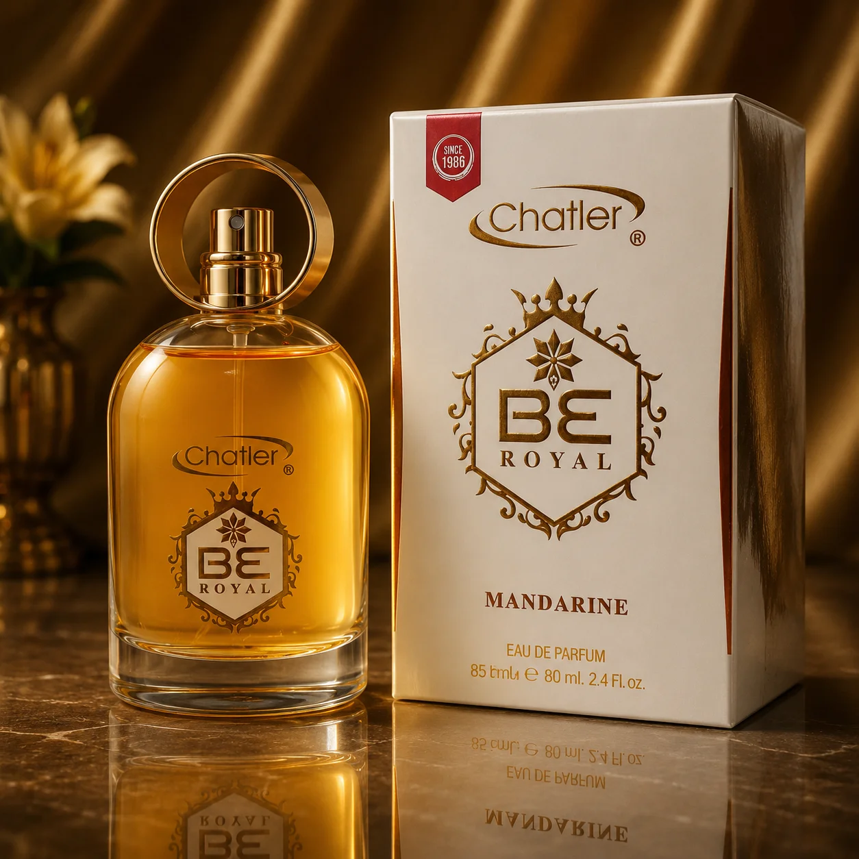 Be Royal Mandarine 100ml - Chatler. Eau de Parfum aux agrumes frais, avec des notes vibrantes de mandarine et de citron et une base élégante.
