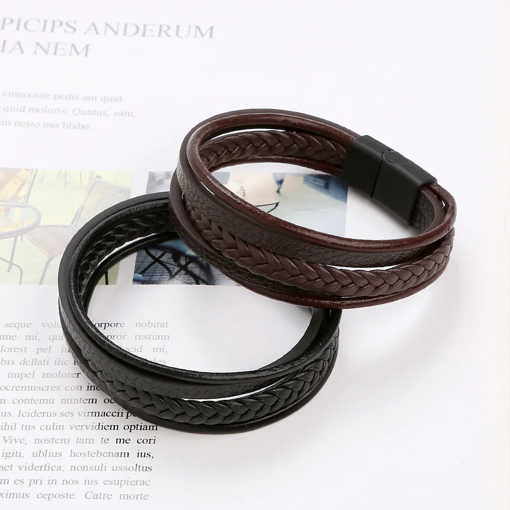 Vintage Men\'S Multi-Layered Leather Stainless Steel Alloy Clasp Bracelet-Boy Gift