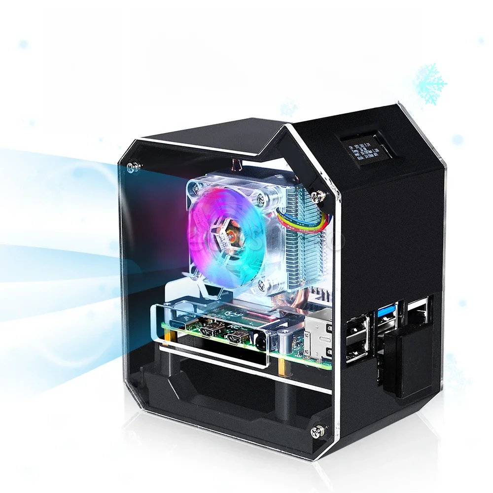 Nowy! Obudowa ABS Mini Tower Obudowa RGB Programowalny wentylator z płytą adaptera M.2 SATA SSD Zestaw NAS Obudowa dla Raspberry Pi 4 B — zdjęcie produktu 7