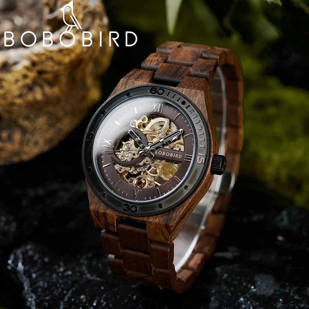 Top Luxury Men's Watches BOBO BIRD Mechanical Wristwatch Wooden Relogio Masculino Custom Father's Day Gift Wooden Box