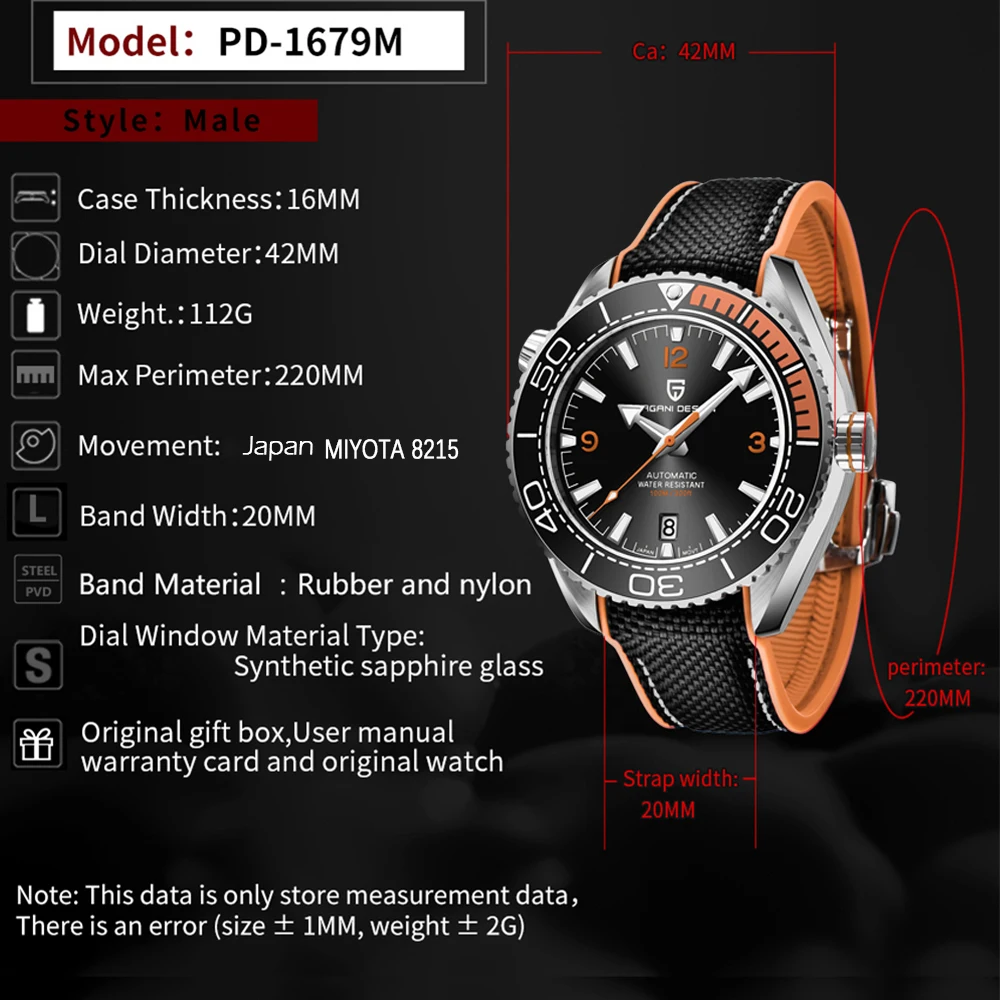 PAGANI DESIGN Diving Watch 100M Waterproof Automatic Mechanical Sport Watch with Rubber Strap Luminous Dial for Outdoor Watch view 6