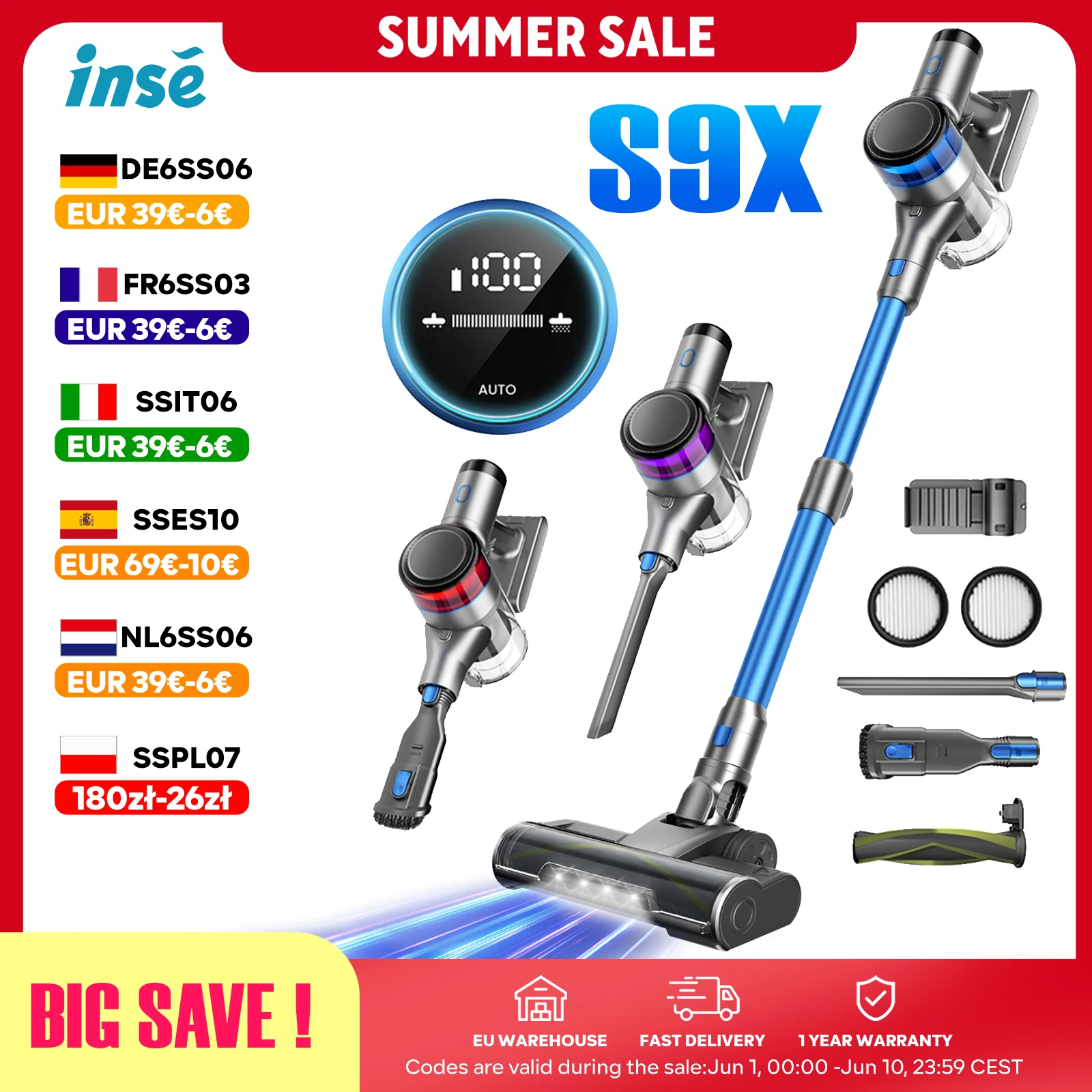 Inse S9X Aspirateur sans Fil, 70KPa, Tasse à Poussière de 1 L, Affichage Lumineux la Batterie, pour les Poils D'animaux, Tapis