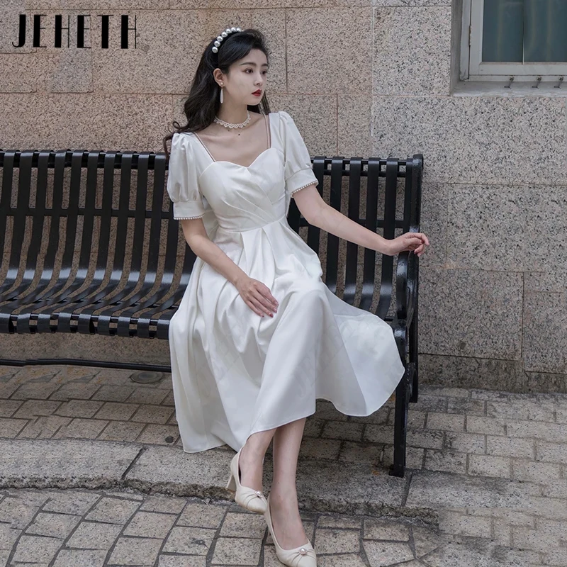 JEHETH Sweetheart Pleat A-Line Korea Wedding Dress Women Pearl Puff Sleeve Bridal Gown Bow Princess 웨딩드레스 Photography Tea-Length