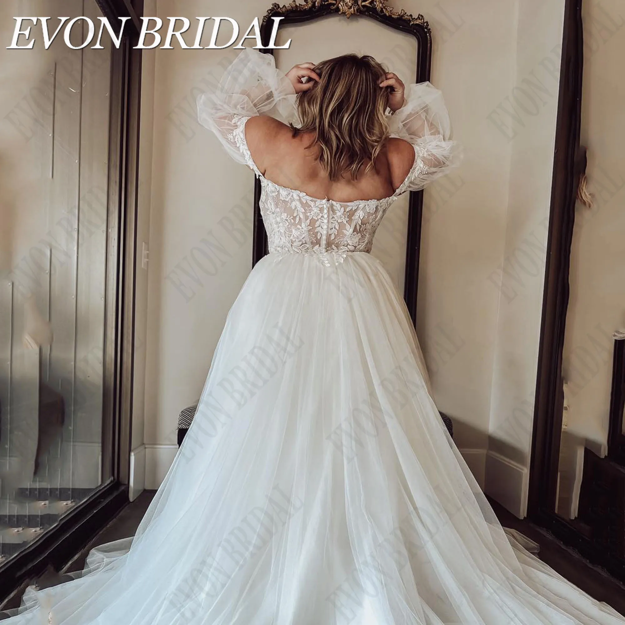 EVON BRIDAL Strapless Lace Vestido De Noiva Plus Size Para Noiva Puff Mangas A Linha Backless Applique Personalizado Vestidos De NoivaEVON BRIDAL Strapless Lace Vestido de Noiva Plus Size Para Noiva Puff Mangas A Linha