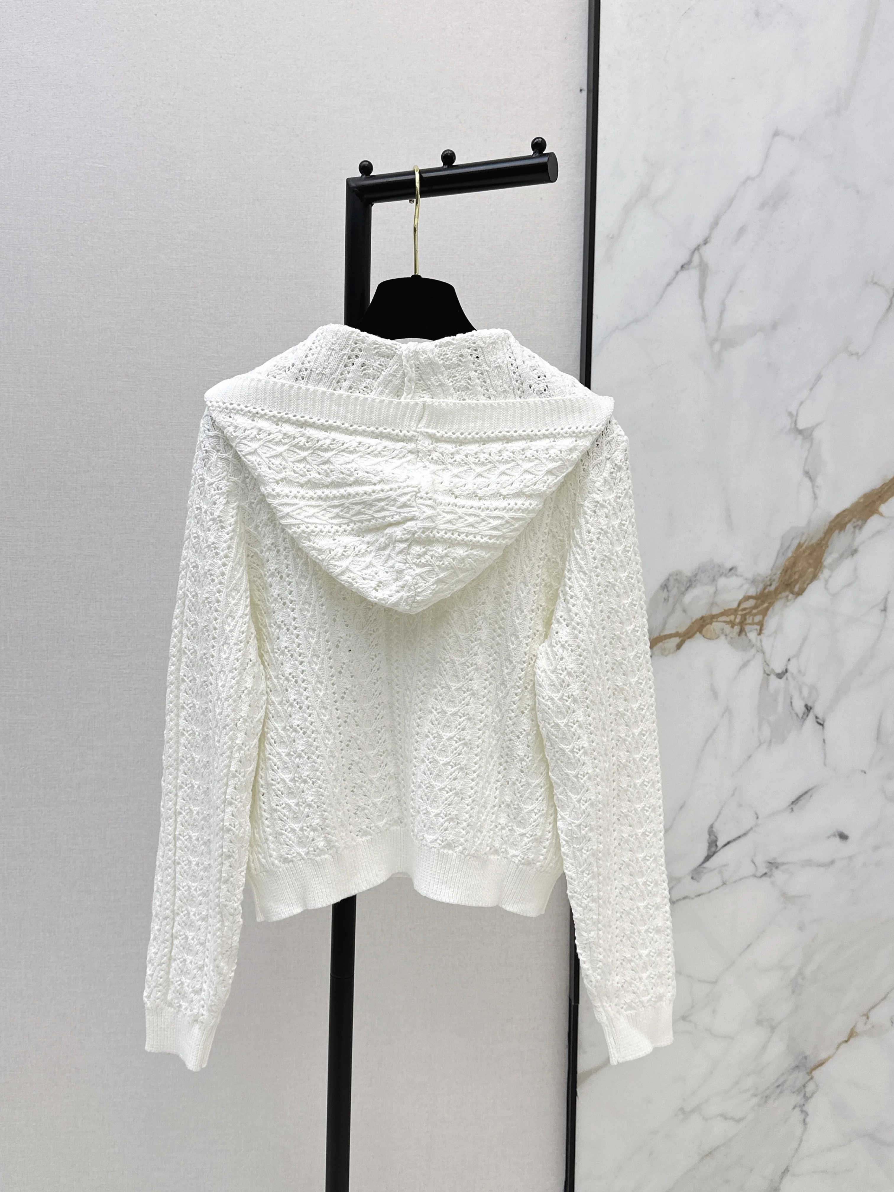 2026 New Spring/Summer Openwork Cream White Loose Single -Breasted Hooded Knitted Sweater