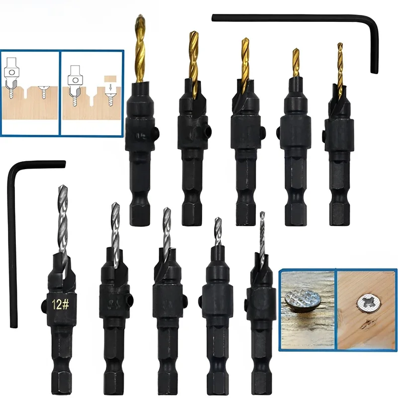 Carpintaria Countersink Drill Bit Set, Perfuração Piloto Furos para Tamanhos de Parafuso, #5, #6,