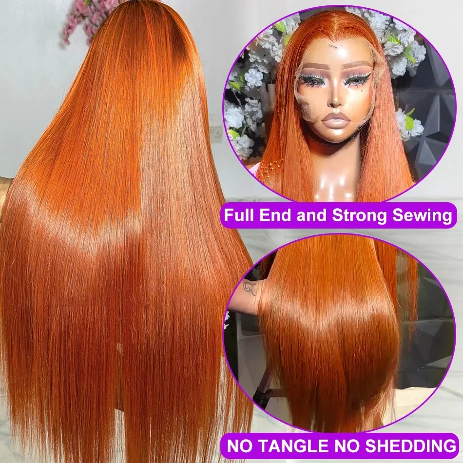 Gengibre laranja peruca reta colorida 13x4 13x7 hd rendas frontal perucas de cabelo humano 100% 40 Polegada peruca birmanesa pré-selecionada para preto