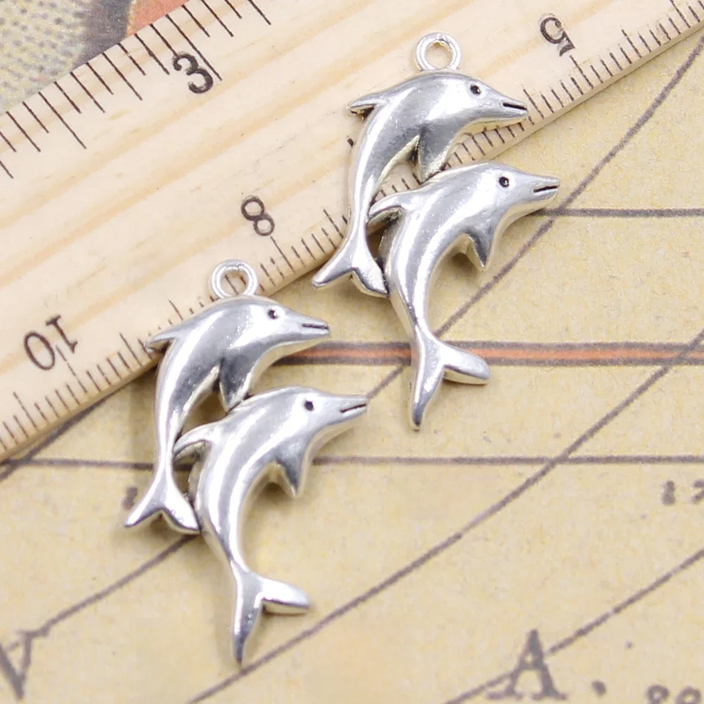 10 sztuk Charms podwójne delfiny pokaż 32x22mm antyczne srebro kolor wisiorki tworzenia ręcznie robiona biżuteria diy fabryka hurtownie — zdjęcie 2