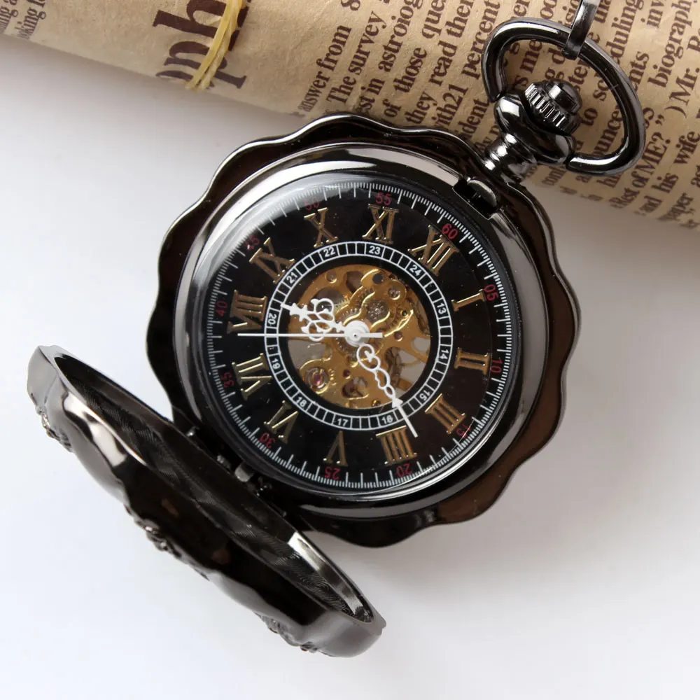 Fashion Chic Black Vintage Pocket Watch Mechanical Hand-winding  Men Ladies Hollow Pocket Watch Necklace Sweater Chain Clock New