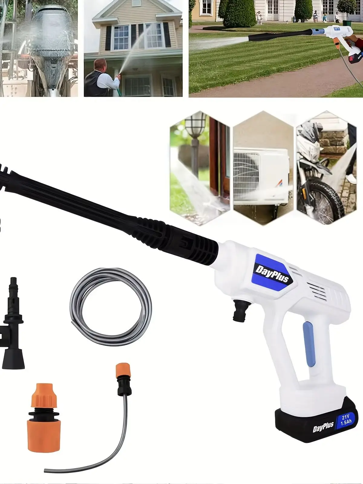 21V Kabelloser Tragbarer Hochdruckreiniger mit 1,5Ah Abnehmbarem Akku, Multidüsen-Handreiniger-Set, Selbstansaugender Schaumsprüher für Autowäsche, Gartenbewässerung und Oberflächenreinigung zu Hause