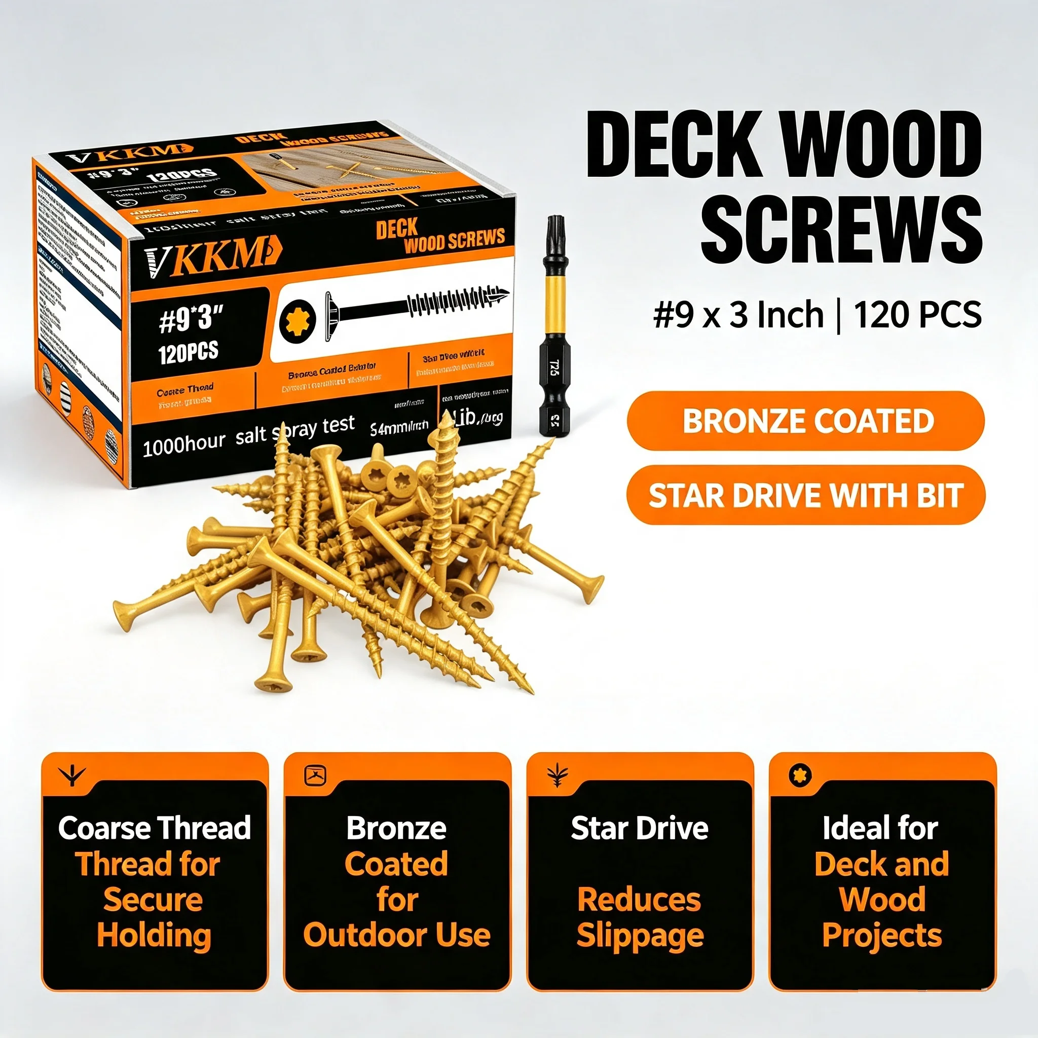 VKKM #9 X 3 Inch Bronze Coated Deck Wood Screws, T25 Star Drive Self Tapping Decking Screws, 120 PCS with Free T25 Drive Bit for Outdoor Deck, Fence & Wood Construction
