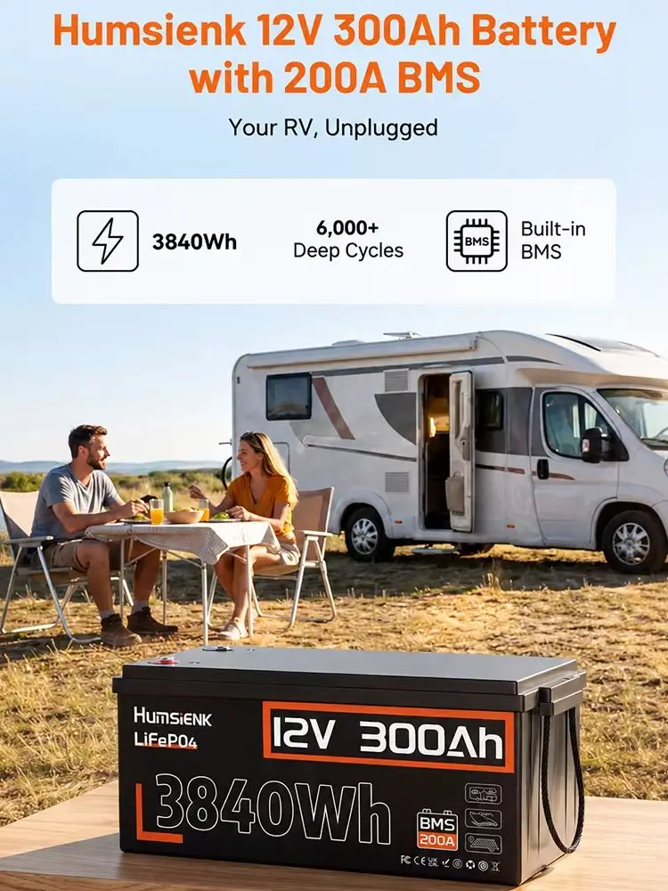 Humsienk 12V 300Ah LiFePO4 Batterie, MAX. 3840Wh, integriertes 200A BMS, Niedertemperaturschutz, wiederaufladbare Lithium-Batterie für netzunabhängige Hütten, Tiny Homes, Angeln, mobile