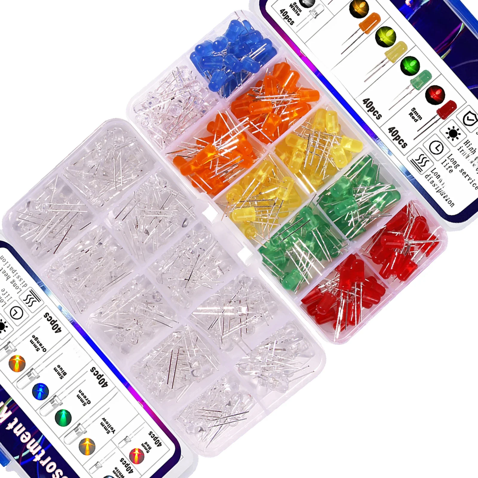 Zestaw diod LED 5 mm emitujących światło F5 Biały Zielony Czerwony Niebieski Żółty Pomarańczowy — zdjęcie 2