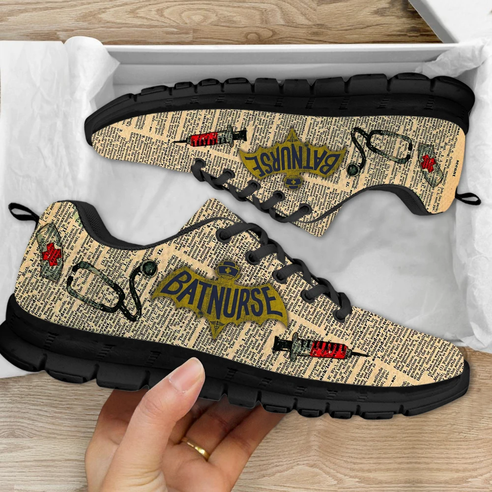 INSTANTARTS Old Newspaper Nurse Design Flat Shoes for Women Wear-Resistant Running Sneakers Ladies Nurse Shoes Casual Zapatos