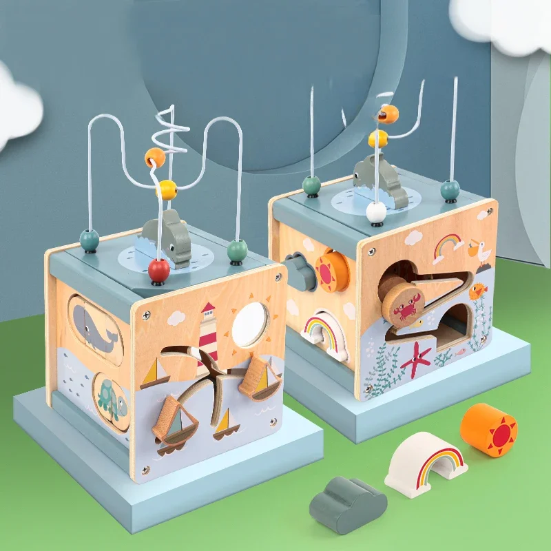 Cube d'activité en bois pour tout-petits 5 en 1, trieur de perles en forme d'animal, labyrinthe, jouets éducatifs Montessori pour bébés de 6 à 12 mois, jouets d'apprentissage