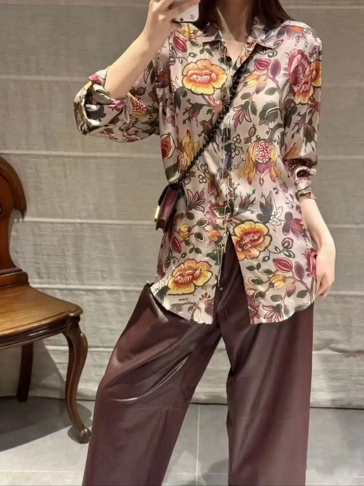 

Богемная летняя женская рубашка из 100% шелка с цветочным принтом высокого качества