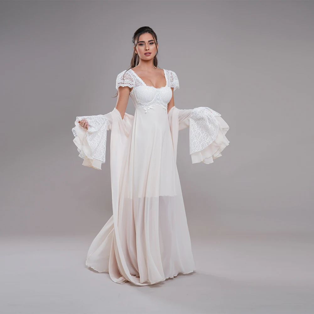 Customized Two-Pieces Lace Bride Robe For Wedding Sexy Flare Sleeves Chiffon Bridal Shower Dress Women Night Gwon 2024