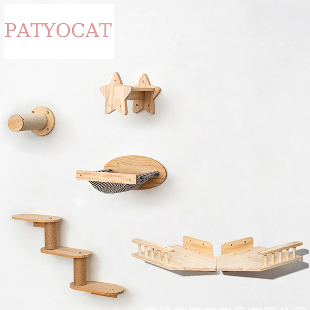 

Cat Tree Wall Mounted Cat Climbing Shelves Wooden Hammock with Ladder & Cat Bridge for Cat Perch Sleeping Pet Indoor Playground