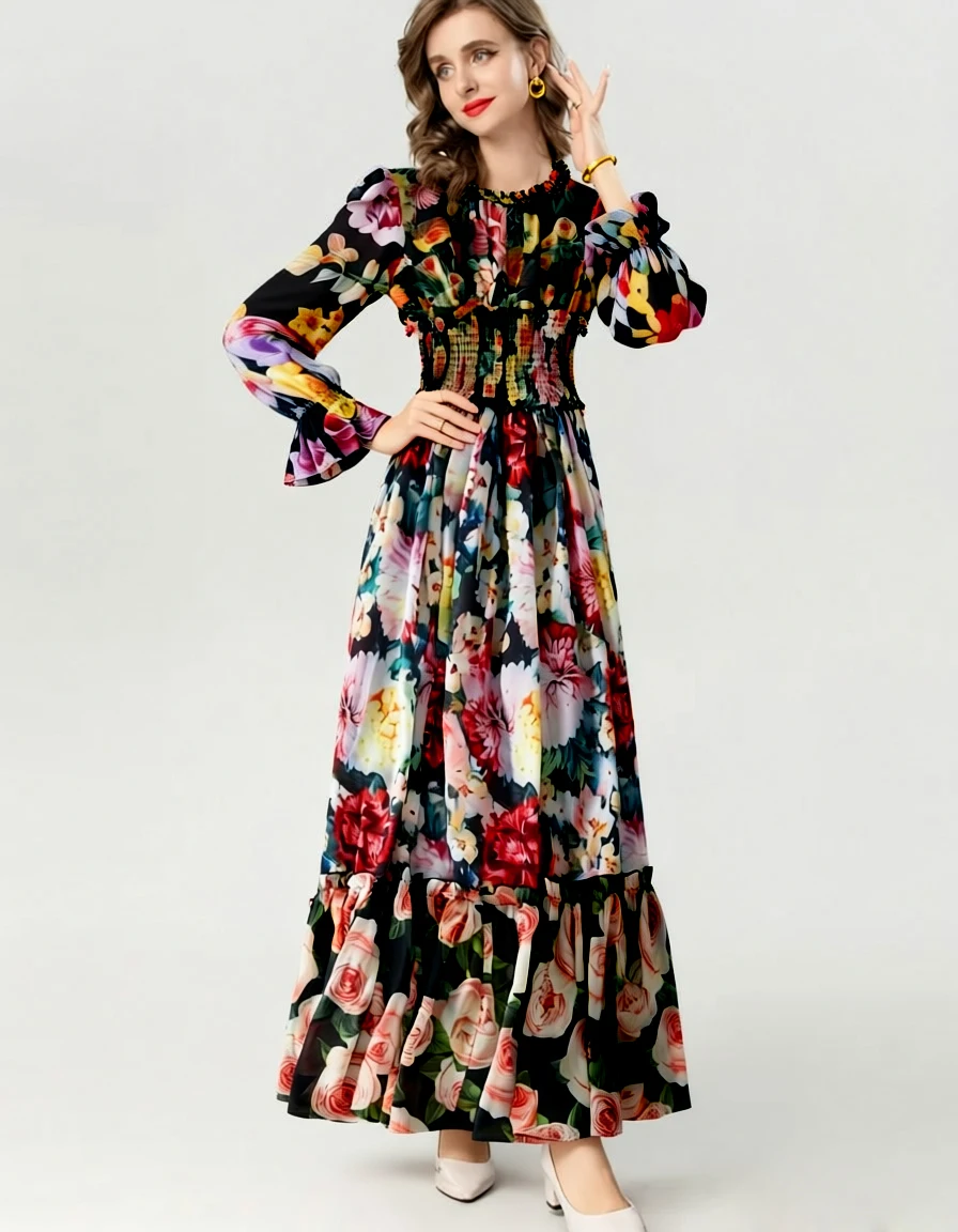 Damesjurk O-hals Lange mouwen Elastische taille Bloemenprint Ruches Elegante maxi-mode vestidos