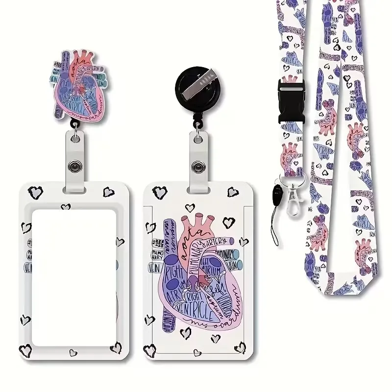 Badge Holder with Lanyard and Retractable Badge Reel Clip, Heart Anatomy Card Name Tag Lanyard Vertical Id Protective Strap Clip Suitable for Nurses, Doctors, Students