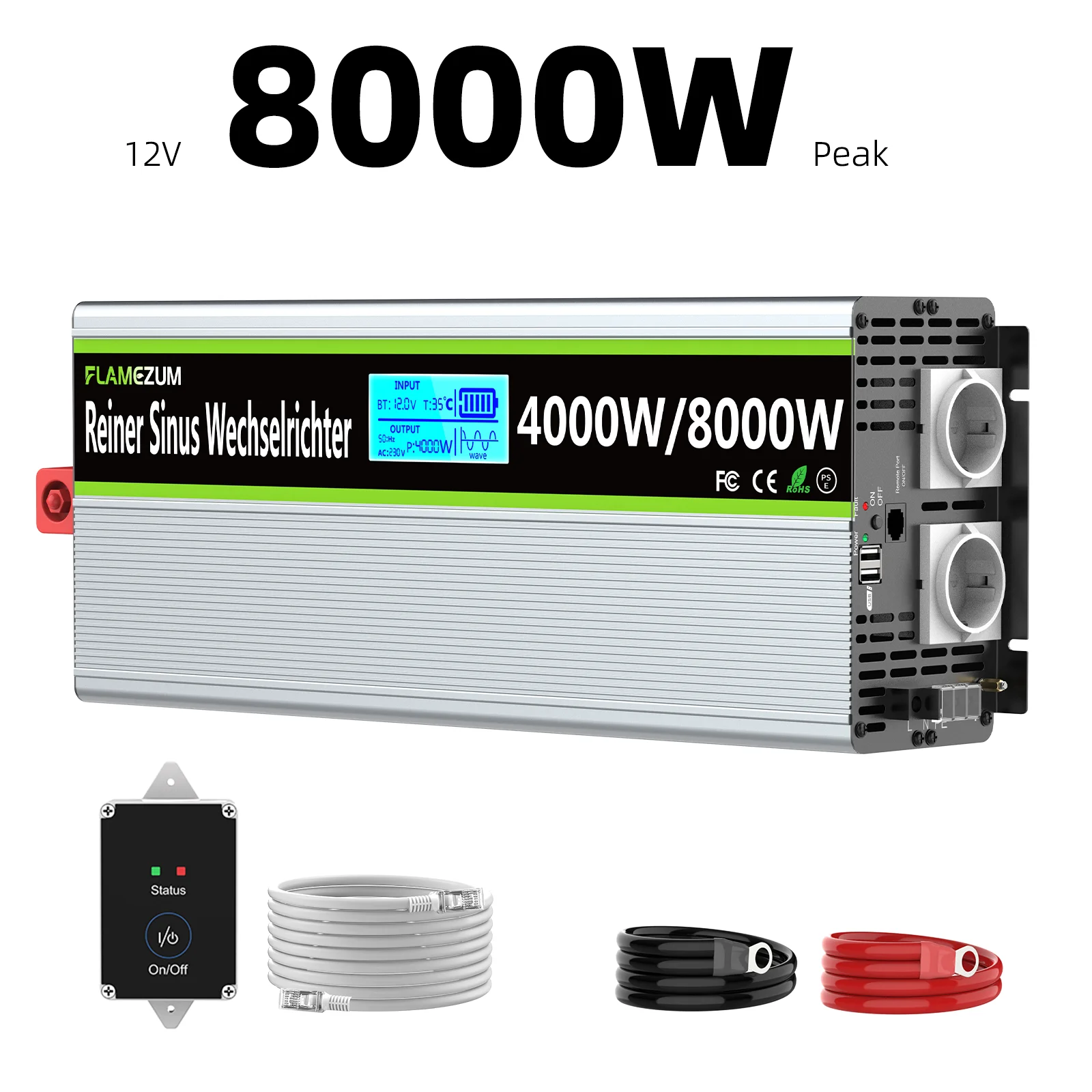 4000W Reiner Sinus-Wechselrichter DC 12V 24V zu AC 230V 8000W Spitzenleistung LCD-Display Fernbedienung für Haus, Wohnmobil, Autozubehör