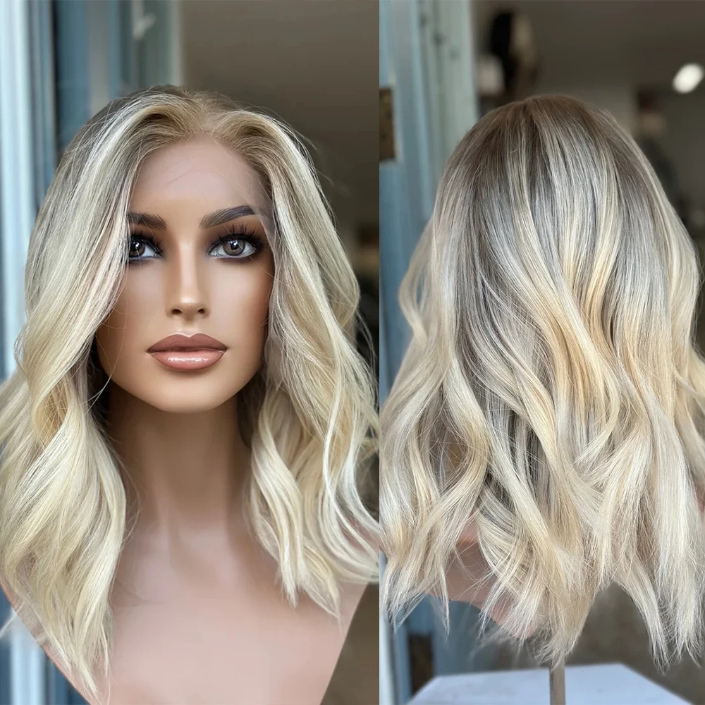 Luxury Creamy Blonde Natural Wave Human Hair Wigs Highlights Warm Brown Roots 13x6Frontal Lace Wig High Quality Transparent Lace