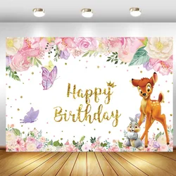 Disney Bambi & Thumper Photo Backdrop Pink Flowers Butterfly Photography Background For Girls Happy Birthday Party Banner Decor