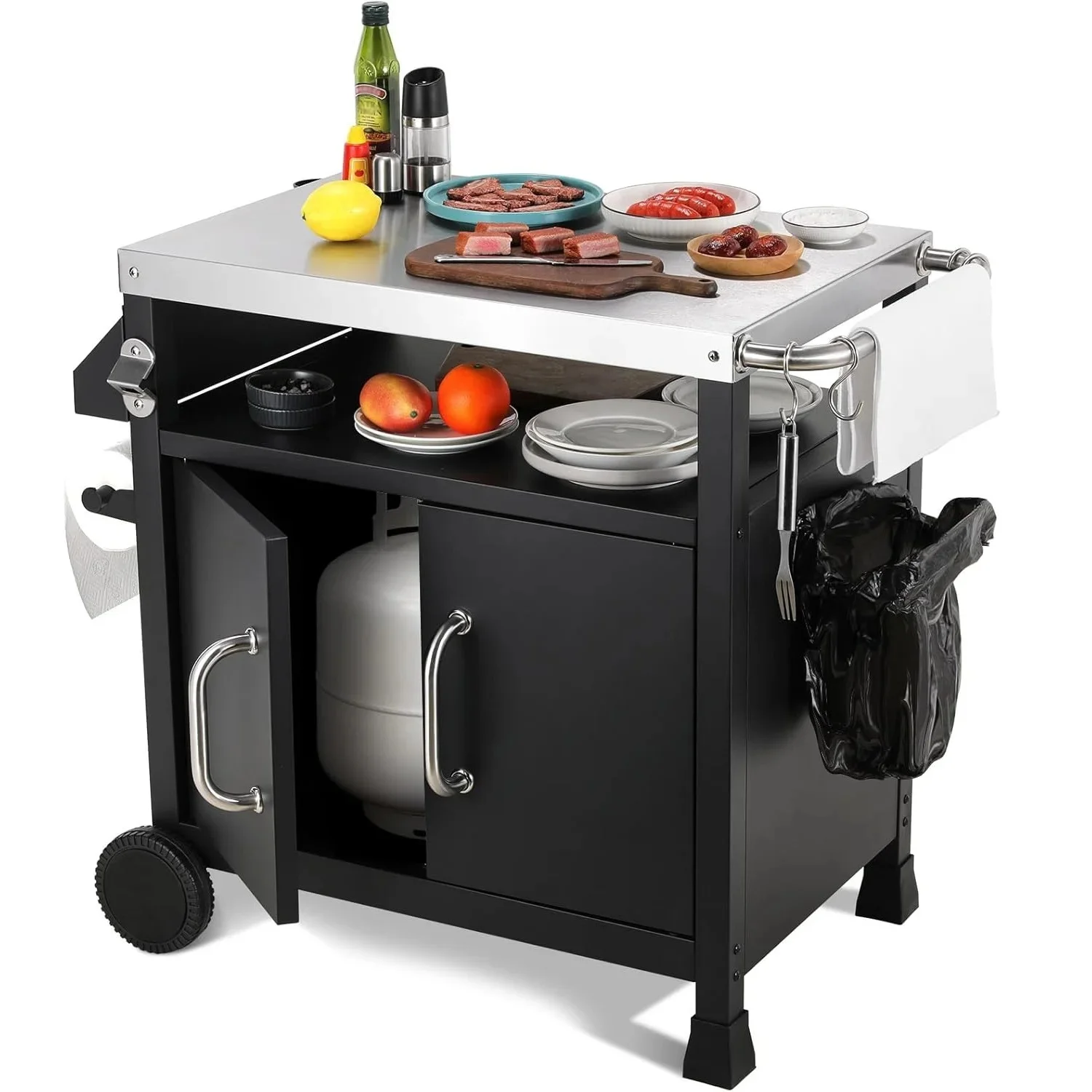 Table de chariot de gril d'extérieur avec plateau en acier inoxydable pour la préparation de cuisine et le barbecue, table d'îlot de cuisine extérieure avec poignée latérale