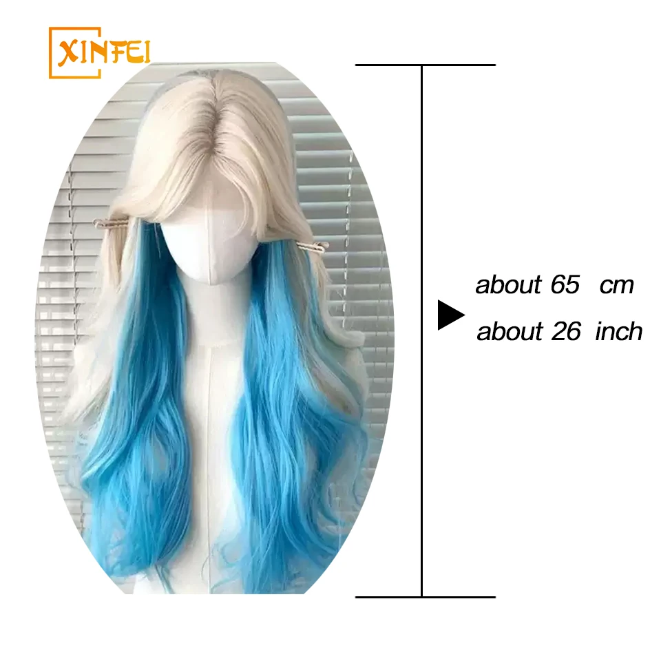 XINFEI Long Wavy Platinum highlights long curly hair in blue Wigs with Bangs Cosplay Party Lolita Synthetic Wigs for Women