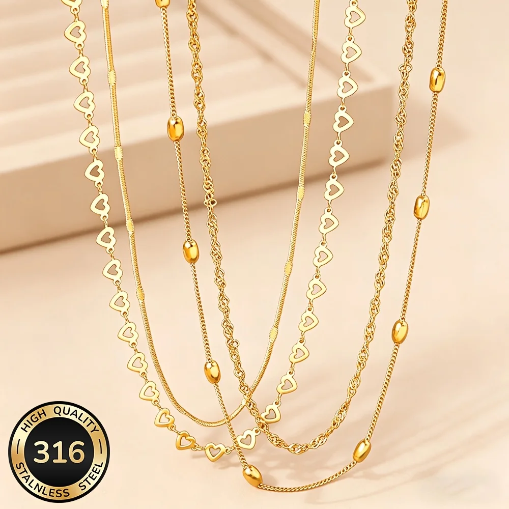 4Pcs High-Quality 18K Gold-Plated Adjustable Fashionable Stainless Steel Necklace Set – Stylish, Lightweight, Suitable for Street Wear, Travel, Outdoor Activities, and Parties, Is the Perfect Jewelry Gift for Holidays and Graduation Season, Versatile Women's Fashion Necklace