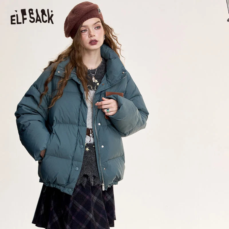 ELFSACK 2024 Winter New Arrivals Retro casual stand collar warm thick down jacket for women