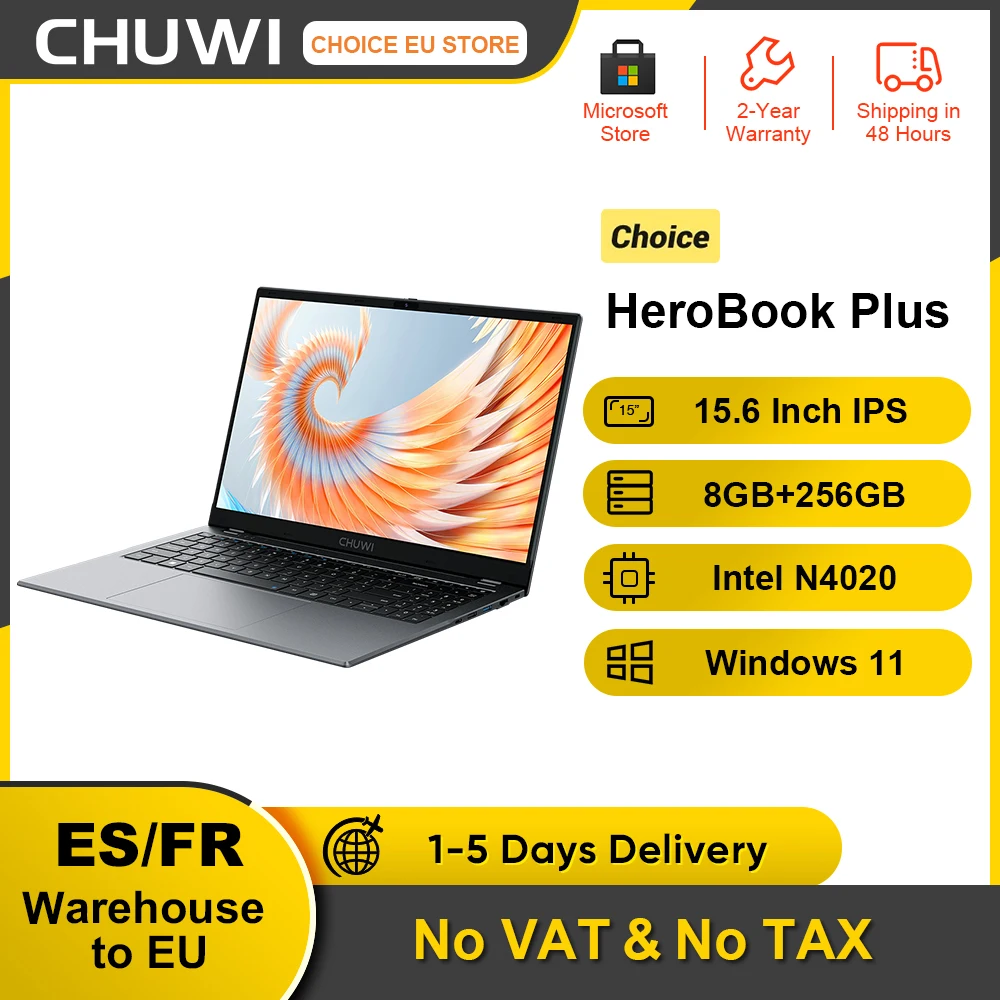 CHUWI HeroBook Plus Laptop 15.6 Inch 16:9 FHD Screen PC Intel Celeron N4020 8GB DDR4 256GB SSD Windows 11 BT 4.2 M.2 Up To 1T