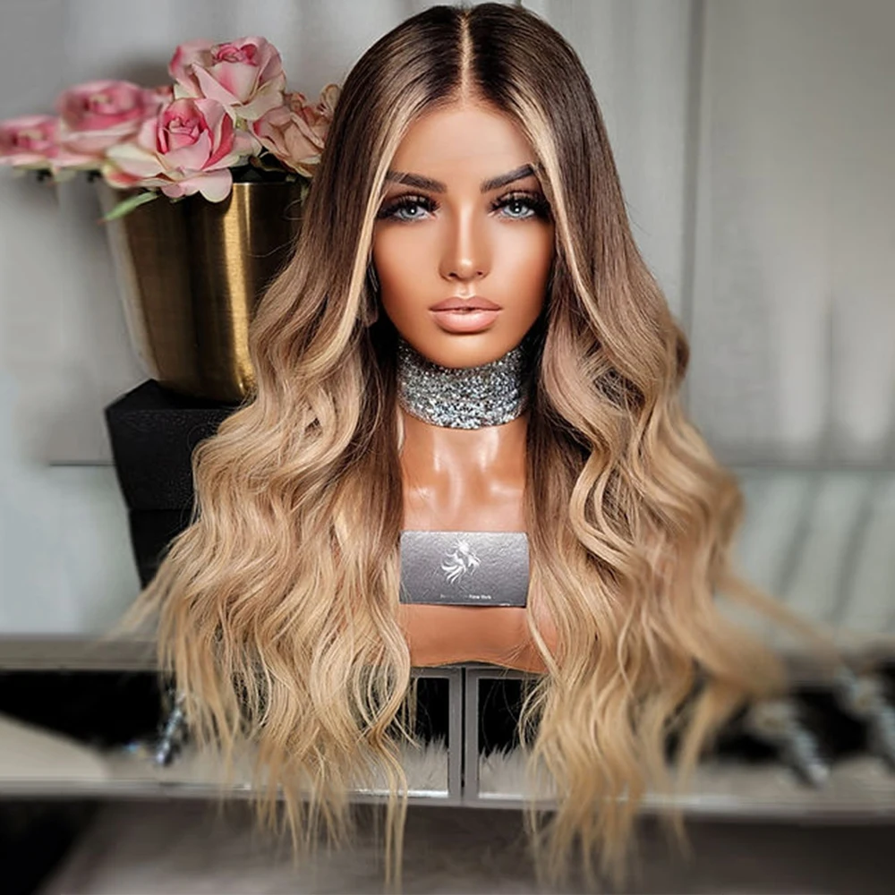 Golden Blonde Wavy Ombre Brown Hair Full Lace Wig 100% Virgin Human Hair Wig 200% 13x6” Lace Front Wig 26” HD Invisible Lace Wig