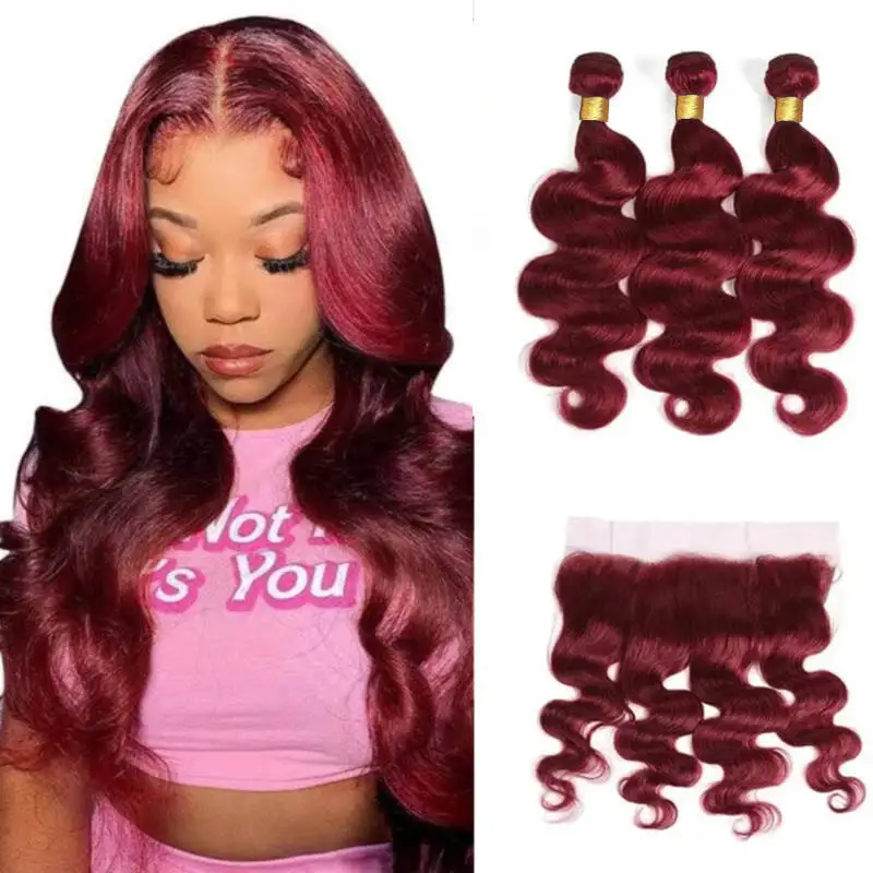 99J Burgundy Bundles with Frontal Body Wave Brazilian Human Hair Wine Red Pre Plucked with Baby Hair 3 Bundles with 13×4 Frontal