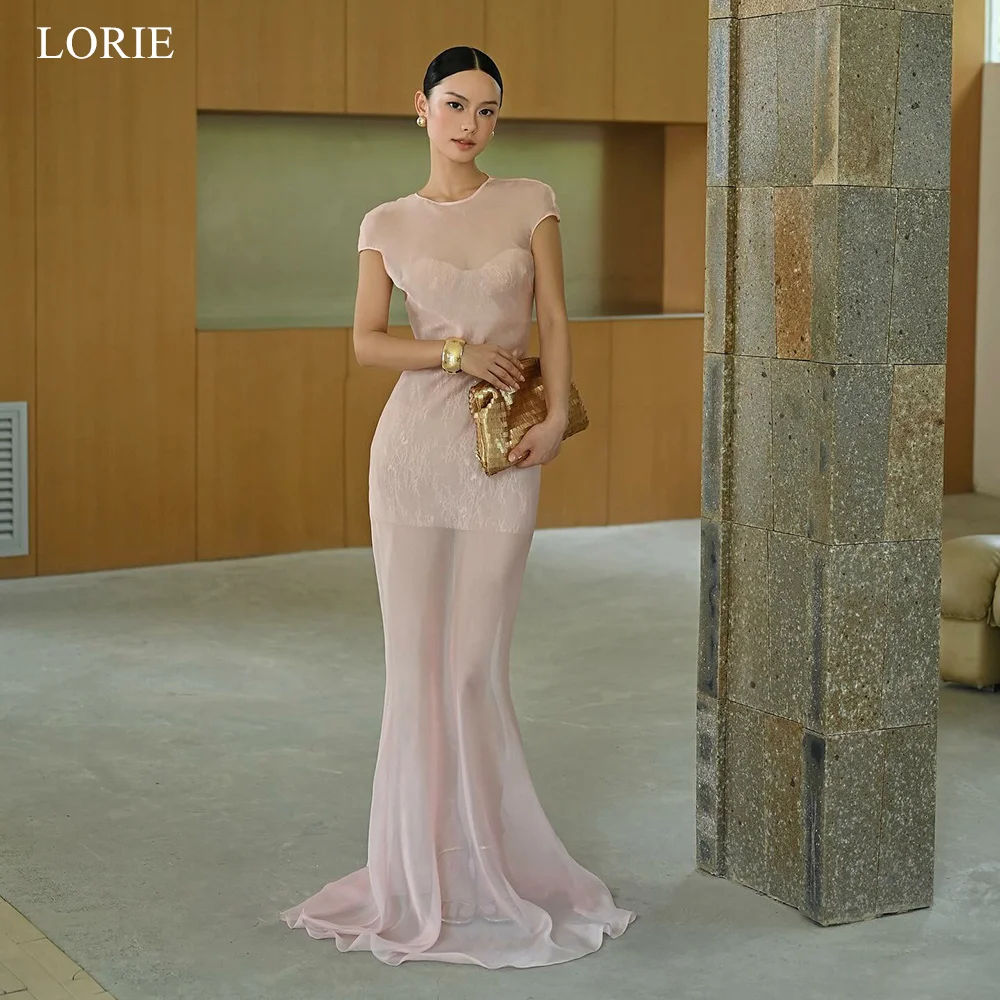 

LORIE Elegant Pink Evening Dress Lace Illusion Short Sleeve Party Dresses Formal Mermaid Prom Gowns Customized
