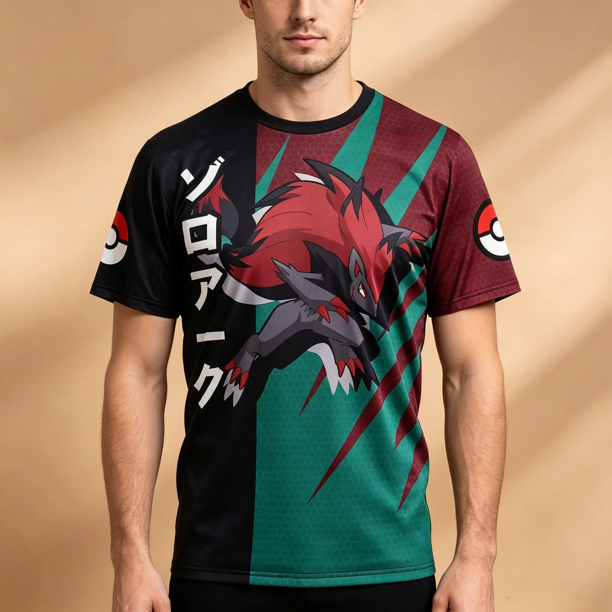 Men's Split Splicing Anime Sports T-Shirt, Pokemon Zoroark Dark Type Full Sublimation Print Short Sleeve Otaku Casual Top