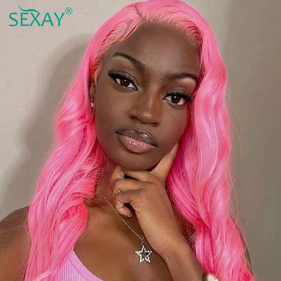 Sexay Rose Pink Colored Bundles With Closure Peruvian Body Wave Human Hair Weave Bundles With HD Transparent 13x4 Lace Frontal